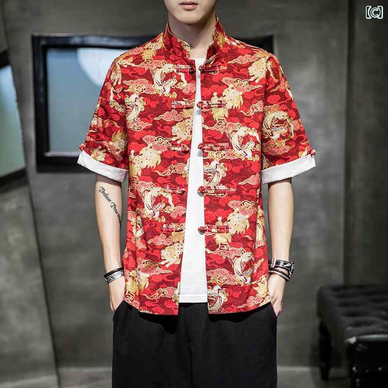 メンズ 夏 トップス シャツ 薄手 半袖 中華風 綿 リネン 五分袖 レトロ 唐 スーツ 大きめサイズ