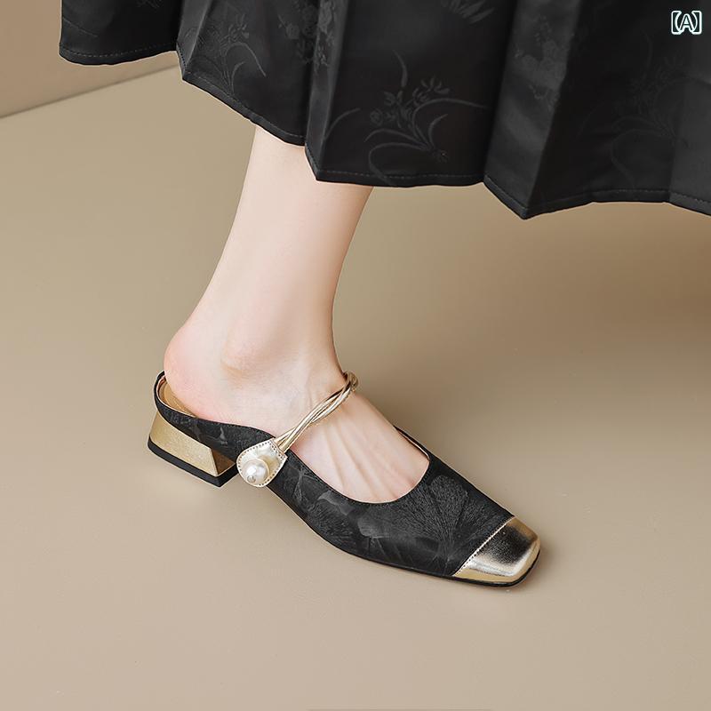 レディース 夏 ミュール おしゃれ 履きやすい 革 中国 スタイル 包頭 ハーフ スリッパ 女性 アウターウ..