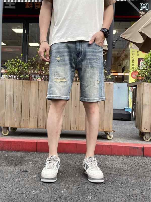 メンズ 夏 パンツ デニム ハーフ サマー 半ズボン デニムショート ワッペン ミッド カット 薄手 水色