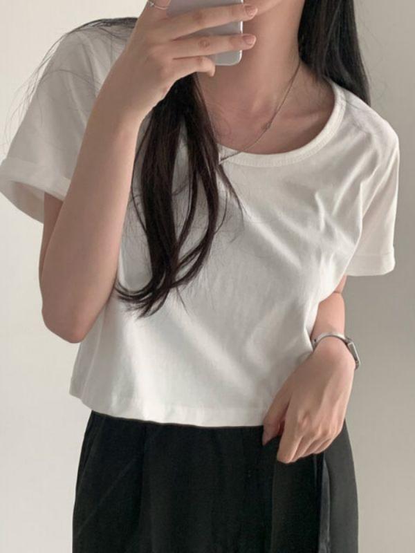 トップス レディース 韓国 シック 夏 若々しい レトロ ファッション ソリッドカラー ショート Tシャツ 女性用 ラウンドネックプルオーバー