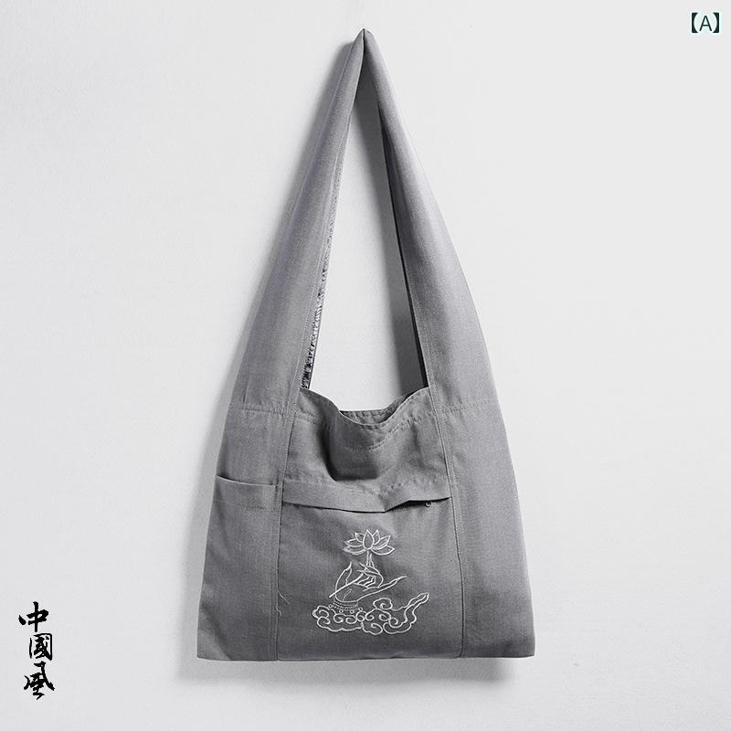 夏 ショルダーバッグ 中華風 キャンバス クロス ボディバッグ バック パック レトロ 在家 僧侶 ワンショルダー 瞑想 仏教 蓮 刺繍