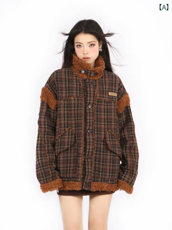ボアジャケット チェック レディース トップス アウター オーバーサイズ カジュアル かわいい おしゃれ シングルブレスト 綿 冬 ポケット 長袖 厚手 ボタン 暖かい コーディネート