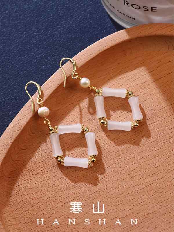 パール 瑪瑙 竹 ピアス チャイナ風 クール チャイナ ドレス ライト レトロ 925 シルバー ニードル レディース ファッション 装飾品