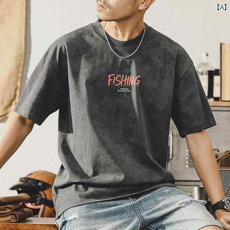 Other - 半袖 Tシャツ アメカジ メンズ メンズ 夏 トップス フィッシング 釣り レトロ ウォッシュド 霜降り スノーフレーク バックフロントプリント テキスト英文字 ダメージ加工 薄手 ひんやり 涼しい 快適 ラウントネック 綿混紡 クール カジュアル レジャー