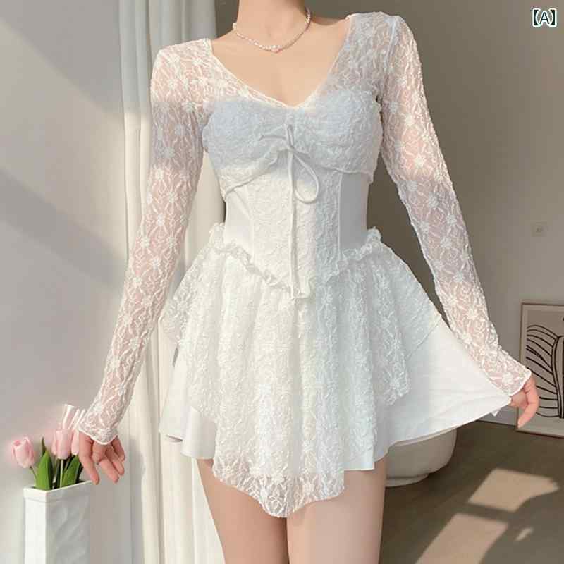 レディース ワンピース スカート 水着 かわいい リゾート ビーチ プール おしゃれ サマーレジャー 女性用 フェアリー ボクサー スタイル 着痩せ お腹 カバー レース セクシー 長袖