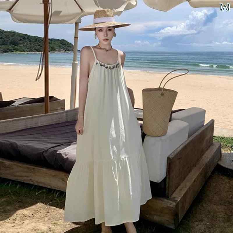 レディース リゾート ワンピース 海辺 休暇 ビーチ ドレス ビッグ バックレス 観光 リフレッシュ サスペンダー ロング