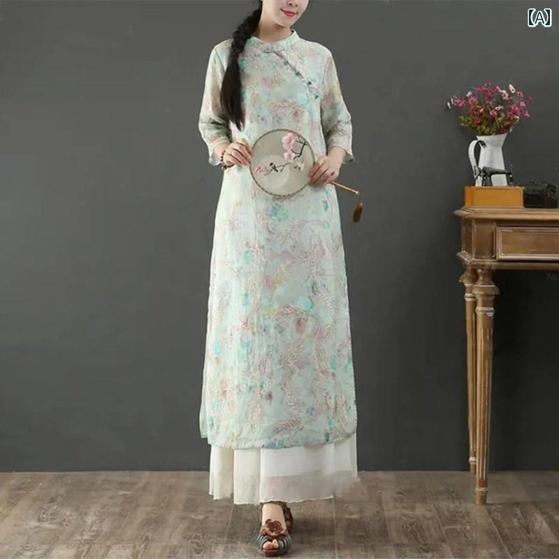 レディース 夏 チャイナ ドレス ゆったり 大きいサイズ マザー 普段使い 体型カバー ワンピース 綿 リネン 花柄 女性 服 ハイエンド 西洋 スリム