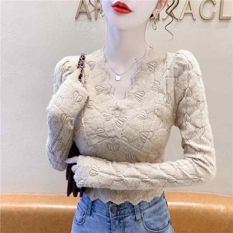 Other - シャツ レディース 秋 冬 女性 厚手 起毛 トップス ベルベット Vネック レトロ ジャカード レース