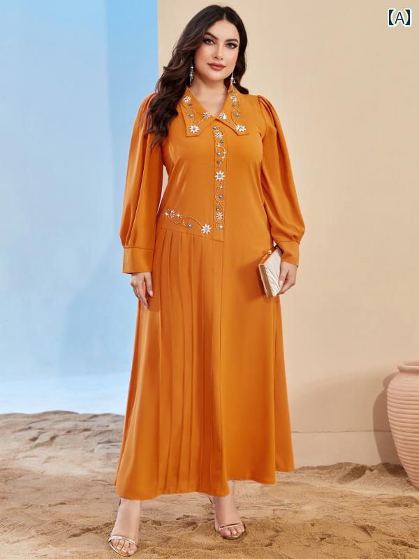 レディース エスニック ワンピース 体型カバー ゆったり ウエスト 長袖 プルオーバー 手縫い ドレス 中東 女性 ロング