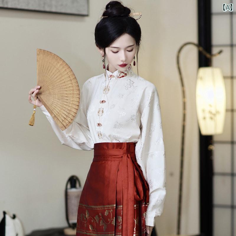 レディース 婦人服 レディース トップス ブラウス シャツ スタンドカラー スカート ロング ボトムス レトロ チャイニーズ 衣装 漢服 春秋 刺繍