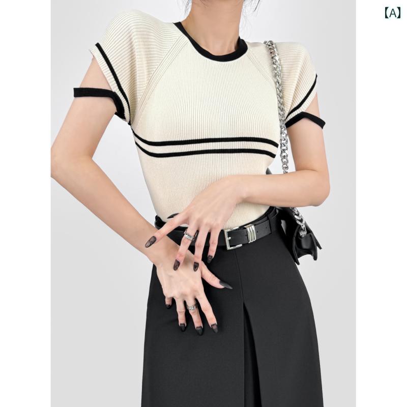 レディース ボーダー バイカラー セーター 夏 ラウンドネック タイト 半袖 Tシャツ トップス ファッション カジュアル レディース