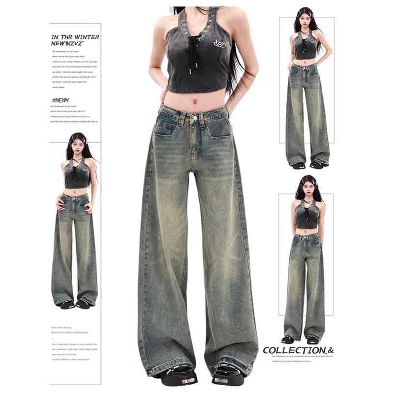 Straight Jeans - ジーンズ デニム レディース アメリカン レトロ ウォッシュ加工 ダメージ加工 ローウエスト ワイドレッグ 夏 薄手 フィット ストレート レッグ フロアレングスパンツ