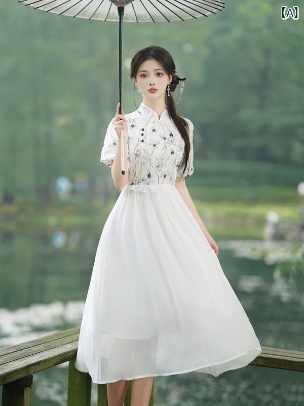 レディース ワンピース ドレス レトロ フリル シフォン 中国 チャイナドレス風 夏