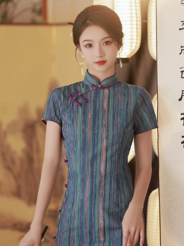 チャイナドレス 縞模様 スリット レディース 半袖 レトロ 中国風 撮影 衣装 パフォーマンス 民族服