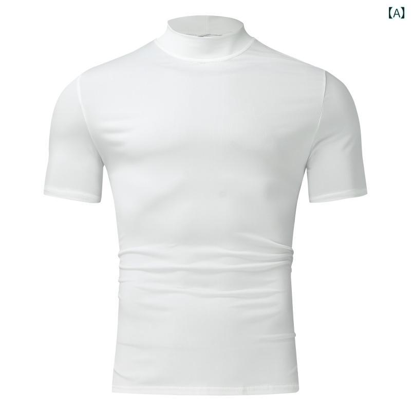 メンズ カジュアル トップス シャツ 春秋 アメリカ ハイネック 半袖 T 無地 ストレッチ スリム インナ..