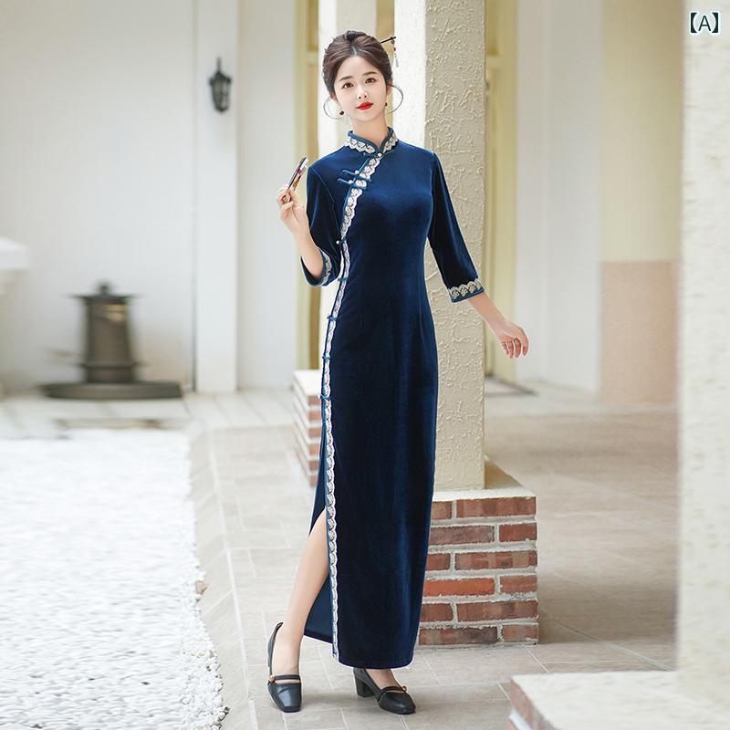 レディース チャイナ ドレス エレガント ワンピース 撮影 衣装 オールド ロング ベルベット ハイエンド デイリー ウェアラブル パフォーマンス キャットウォーク