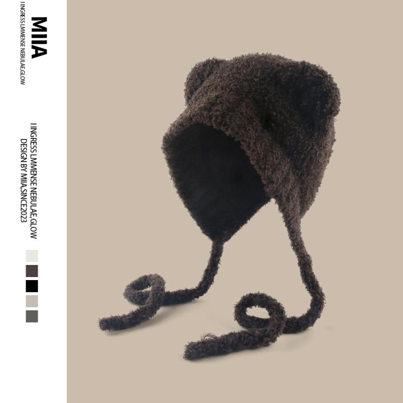 秋 冬 ニット ウール 防寒帽子 韓国 かわいい テディ ベルベット クマ 耳 ストラップ ロシア 帽子 女性 暖かい 耳保護 帽子