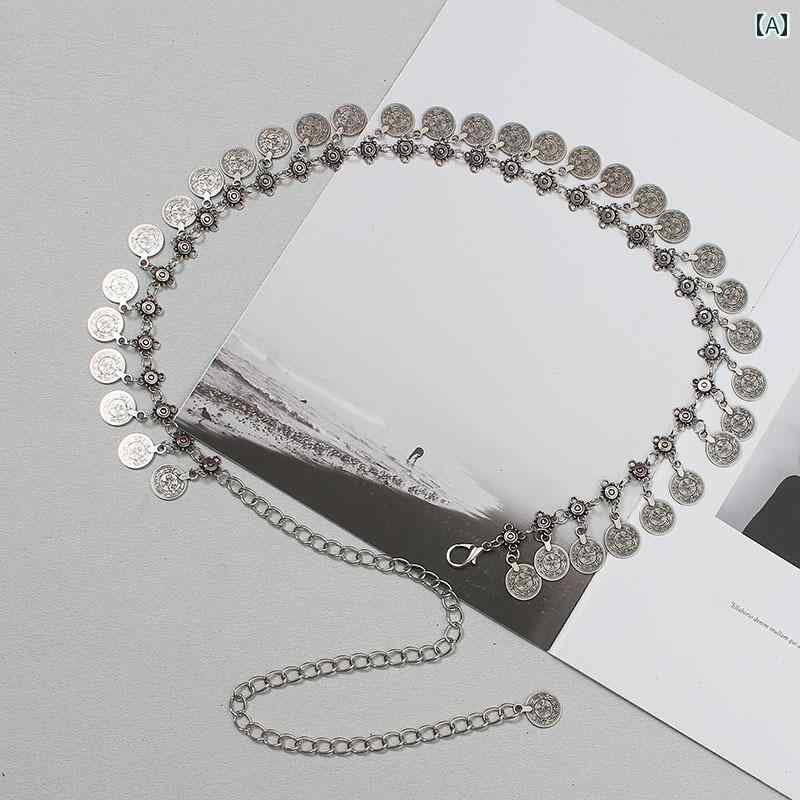 ベルト ウエストチェーン 腰 レトロ シルバー レディース かわいい Y2K 装飾 ボヘミアン 調節可能 ヴィンテージ風 アンティーク ファッション コーデ エスニック