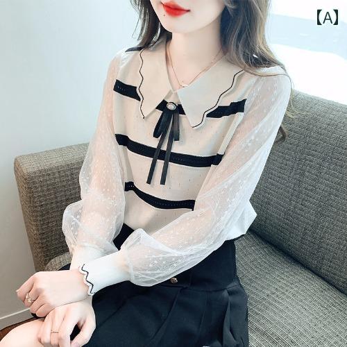 レディース トップス おしゃれ スタイリッシュ ベビー ドール 襟 ストライプセーター 女性 秋 レース スプライシング 長袖 シャツ