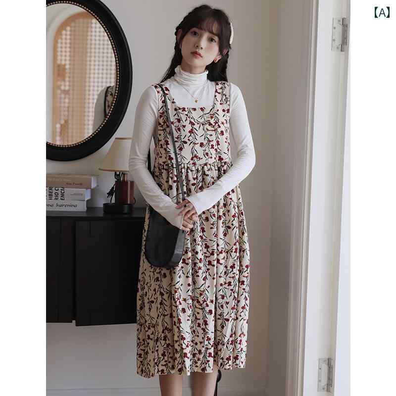 レディース ワンピース かわいい フラワー 和風 コーデ 文学 レトロ コーデュロイ 花柄 サスペンダー スカート 秋風 老け 見え