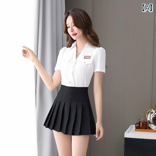フットバス スーツ 魅惑 レディース セットアップ 半袖 受付 プリーツスカート 制服 スタイリッシュ ハ..