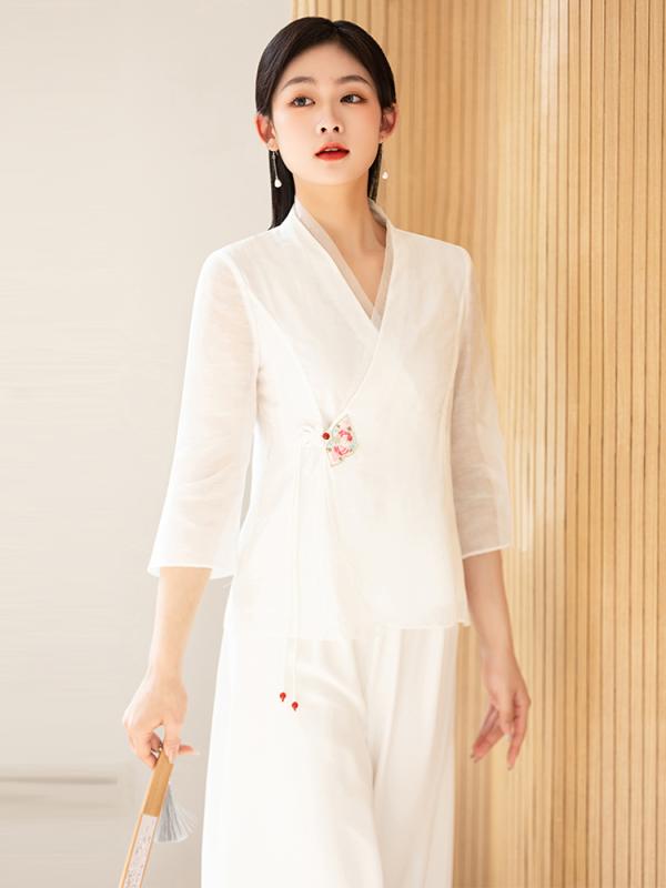 トップス ズボン スーツ ロング コート チャイナ ドレス ロング セット キュロット 漢服 レトロ ジャケット ホワイト 中国風 オ春夏秋 レディース 清楚 かわいい 婦人服 レディース