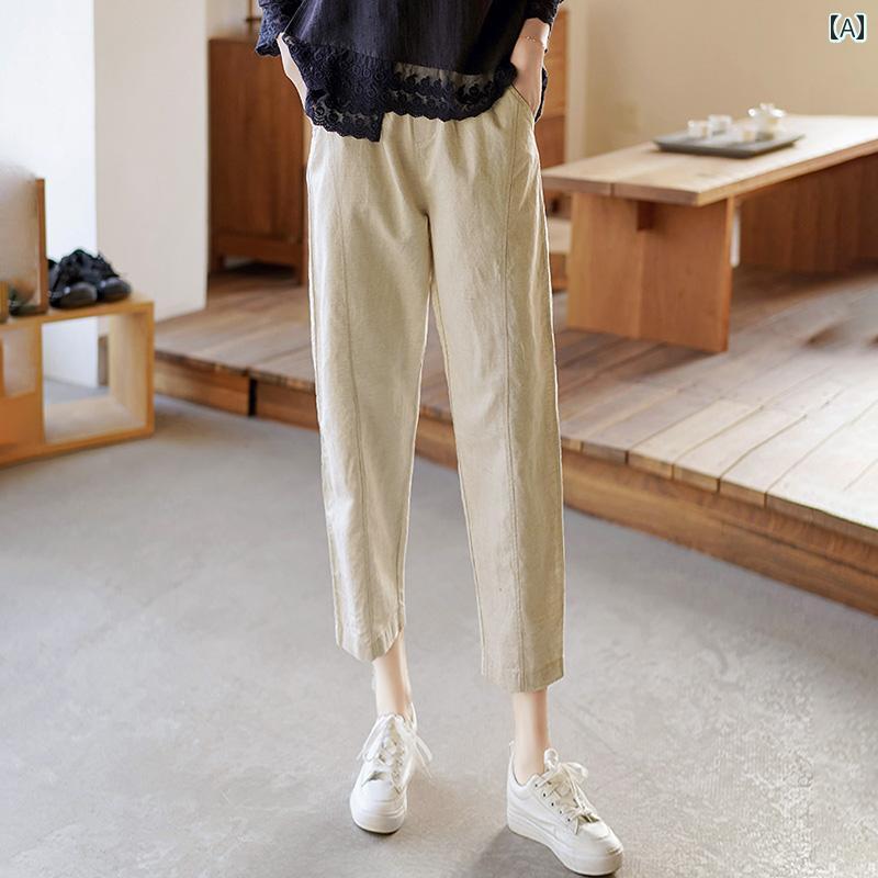 Nylon, Rayon, Polyester - レディース 夏 パンツ リネン キャロット 春 九分丈 綿 薄手 レトロ シガレット