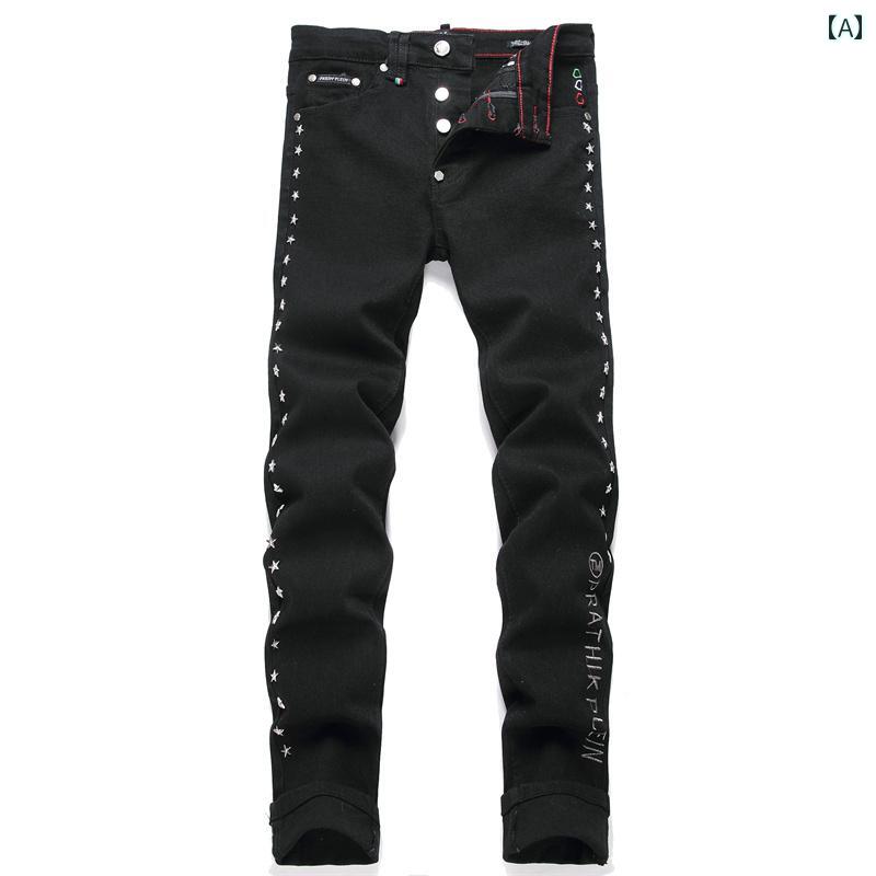 デニムパンツ アメリカン ウォッシュ ジーンズ メンズ 刺繍 ブラック ストリート カジュアル ロング パンツ ストレッチ デニム オールシーズン ストレート