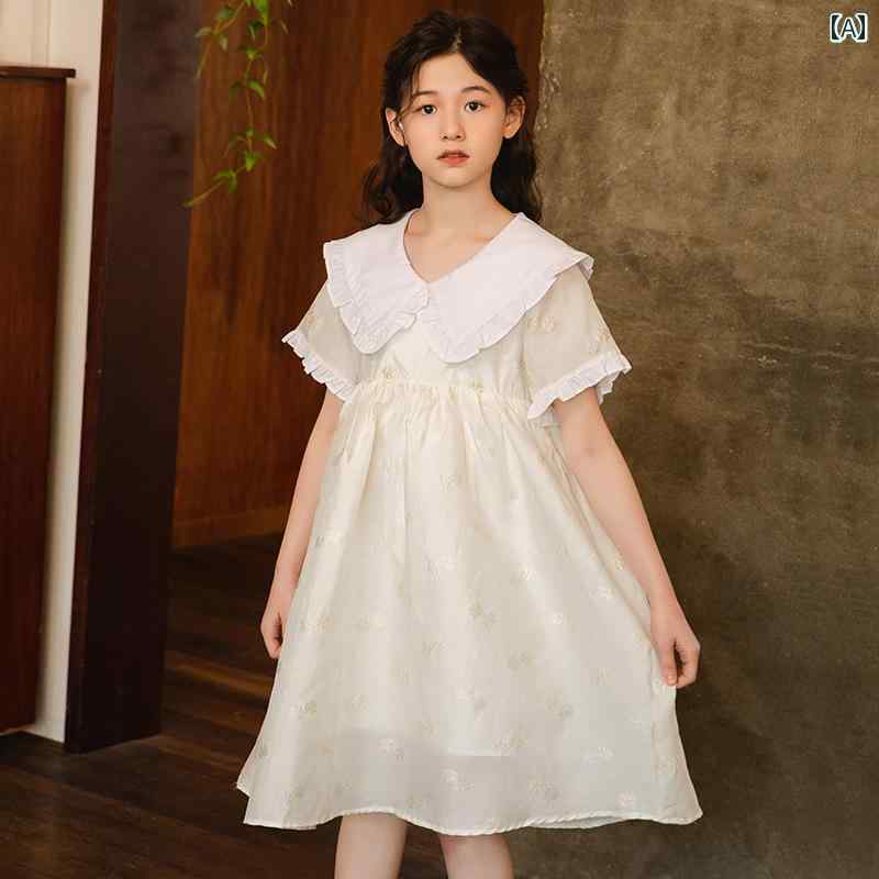 ワンピース かわいい 女の子 ガールズ サマー ドレス スウィート プリンセス ドレス新 フリル 襟 刺繍 メッシュ スカート