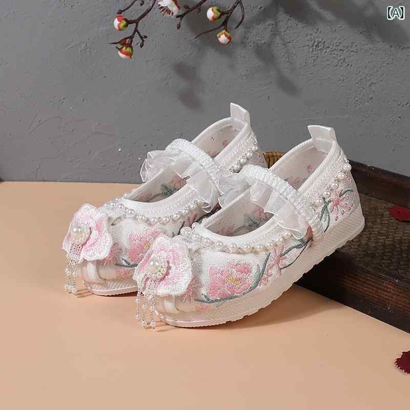 シューズ 靴 子供靴 かわいい メリージェーン ベビー キッズ 歩きやすい 女の子用 漢服 古風 子供用 メッシュ レトロ 中華風 アンティーク プリンセス 刺繍