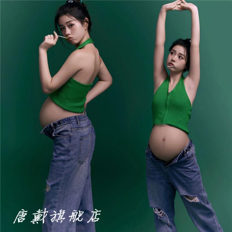 マタニティ フォト 衣装 おしゃれ シンプル かわいい カジュアル 写真 フォト スタジオ デニム クール 妊婦 大きめお腹 アート 写真撮影 フリーサイズ