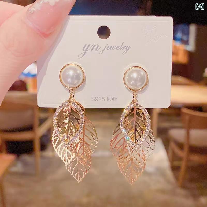 ピアス 大人 かわいい アクセサリー レディース パール ジルコン リーフ タッセル ピアス 女性用 S925 ..