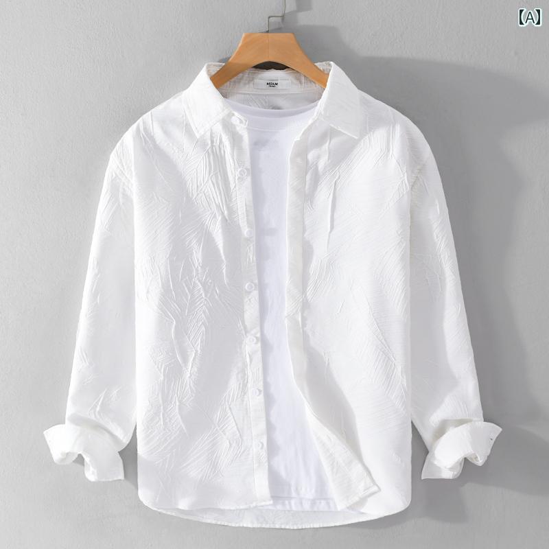 メンズ 夏 カジュアル トップス シャツ シンプル サマー 春 薄手 白 長袖 高級 ジャガード 爽か 和 フレンチ 冷感(4.0)