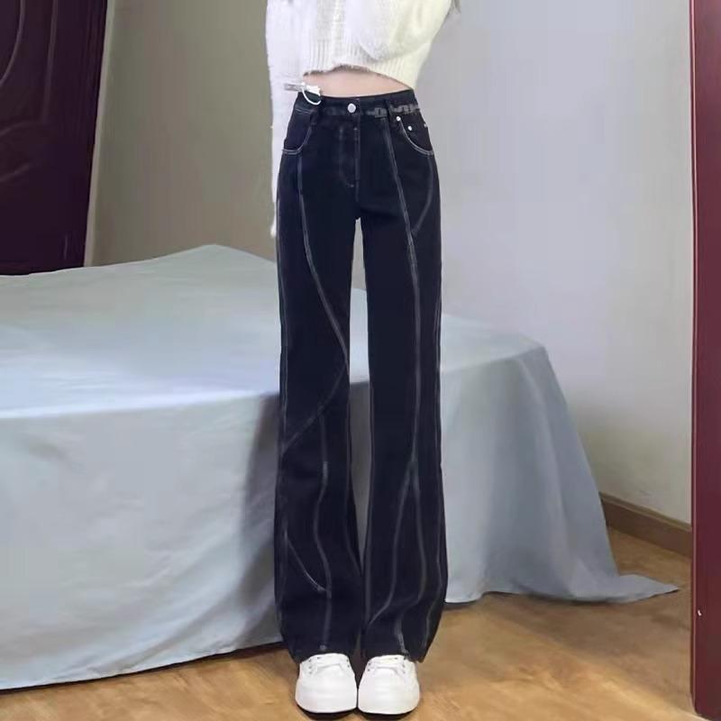 Boot Cut Jeans - デニム パンツ レディース ロングパンツ ブーツカットパンツ 黒 ブラック しわ防止 秋 オールシーズン通 ハイウエスト デニム生地 レディース