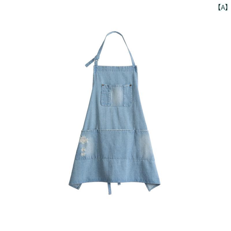 レディース メンズ 綿 デニムエプロン 韓国 ベーカリー マニキュア フラワーショップ 作業着 洗浄 ホー..