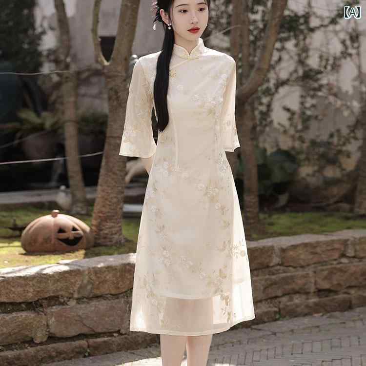China Dress - レディース 夏 チャイナ ドレス おしゃれ ワンピース 普段着 撮影 衣装 シャンパン カラー フレッシュ ガールズ ハイエンド 刺繍 a ライン スカート