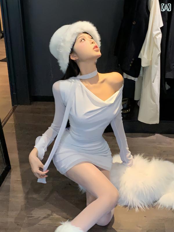 レディース ワンピース スタイリッシュ オフショルダー ドレス 冬 魅惑的 ウエスト 不規則 長袖 ショート スカート