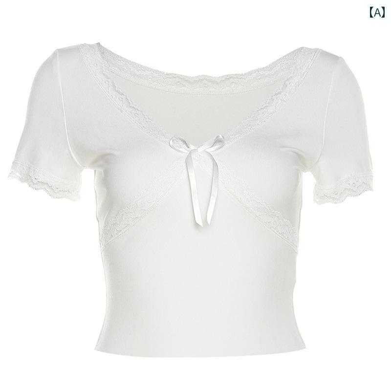 レディース ファッション フランス シンプル レース V ネック 半袖 T シャツ 蝶 結び スリムトップス