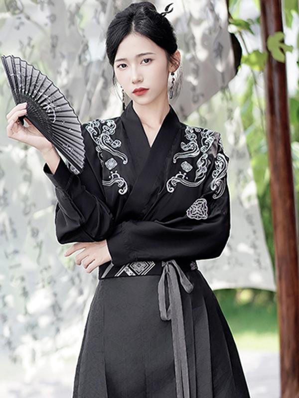 スリーブ トップス スカート シャツ レディース 秋 vネック 刺繍 中国風 シャツ タッセル刺繍ステッチ..