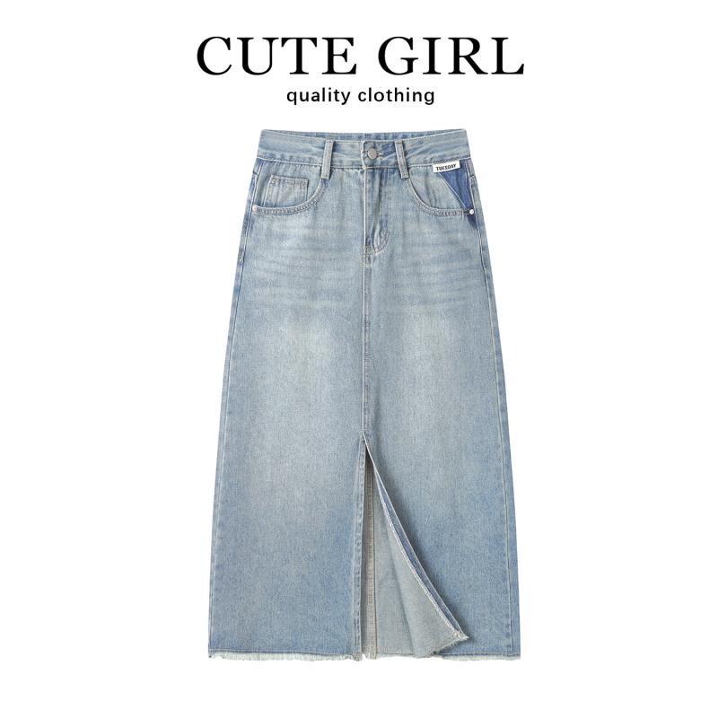 スカート デニムスカート レィース カジュアル ボトムス ガーリー レトロ ブルー ハイウエスト スリット 夏 aライン スリム ミモレ丈
