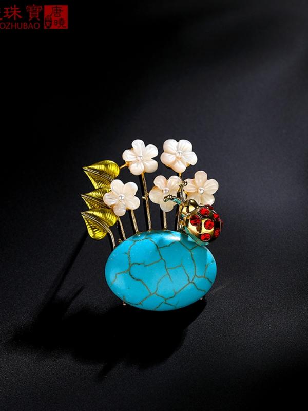 ジャケット ブローチ おしゃれ スーツ ピン 装飾 レトロ ターコイズ シェルフラワー カーディガン ファッション 精巧 コサージュ