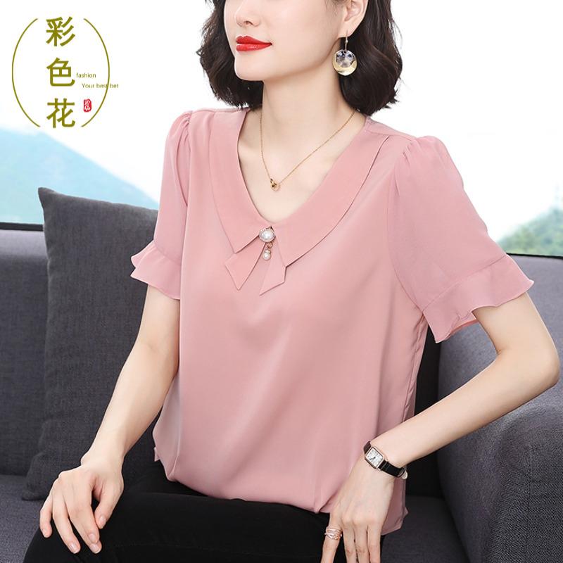 Short Sleeves - シャツ トップス レディース ブラウス おしゃれ マザーズ 婦人服 普段使い キノコ エッジ 半袖 シフォン 女性用 夏 ゆったり マザーズ ウェア 無地
