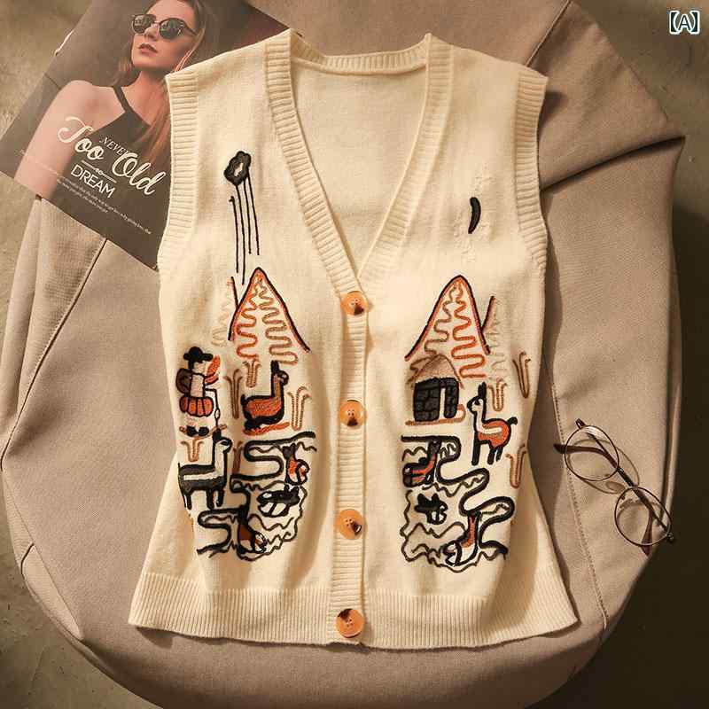 韓国 ニット ベスト レディース 女の子 秋冬 Vネック チョッキ ボタン カジュアル フリーサイズ(4.0)