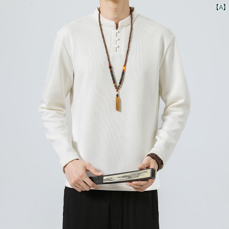 Other - メンズ レトロ 漢服 V ネック 長袖 T シャツ 中華風 唐装 プレート バックル 瞑想 スーツ ゆったり 春秋 綿 トップス