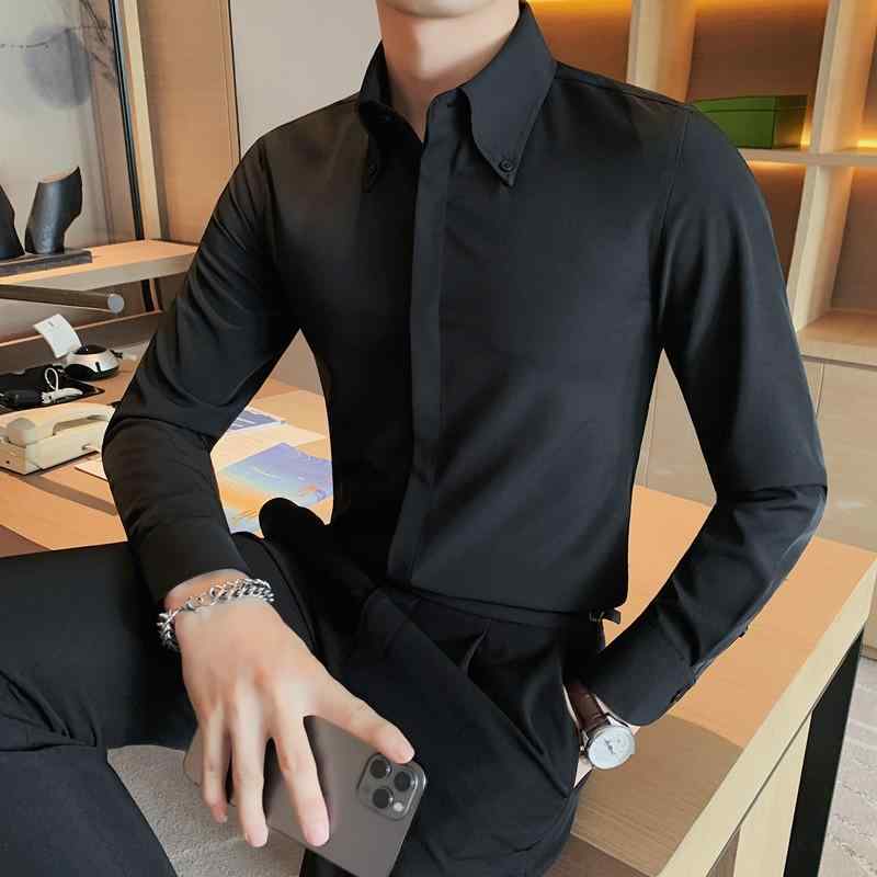シャツ メンズ 秋 冬 フォーマル 長袖 トップス 黒 ベルベット 暖かい ピーク カラー ハイエンド ビジネス フィット 厚手