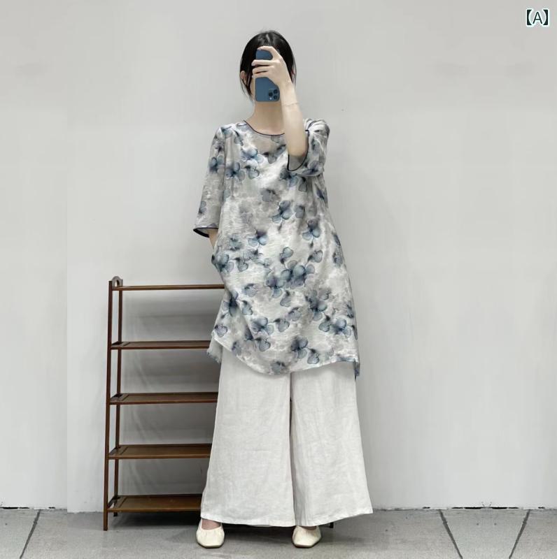 レディース 夏 コットンリネン プリント 半袖 シャツ 女性 サマードレス 薄手 ママ ミドル丈 リネンシ..