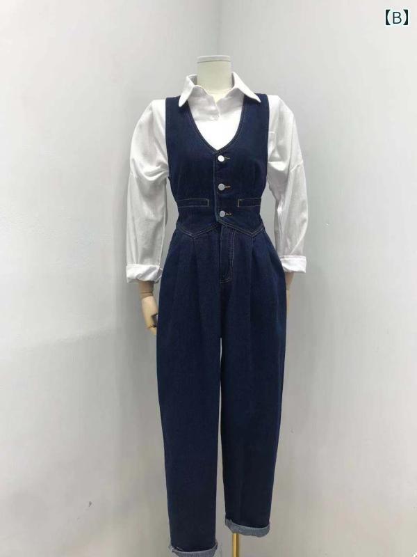 セキュアデポのパンツ オーバーオール サロペット レディース 秋 ノースリーブ ジャンプ スーツ デニム フレンチ パレス ハイウエスト ウエスト｜アングル3