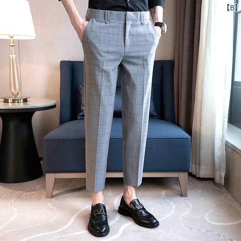 パンツ スーツ スラックス チェック柄 メンズパンツ 春秋 ハイエンド スリムフィット スキニー 夏 薄手 ビジネス カジュアル 九分丈