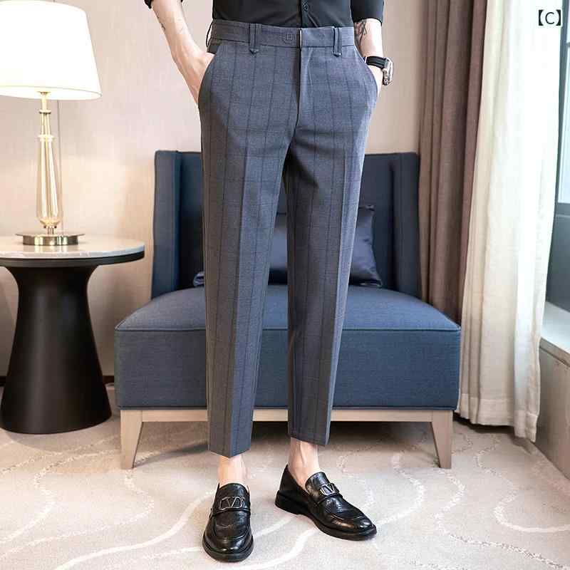 パンツ スーツ スラックス チェック柄 メンズパンツ 春秋 ハイエンド スリムフィット スキニー 夏 薄手 ビジネス カジュアル 九分丈