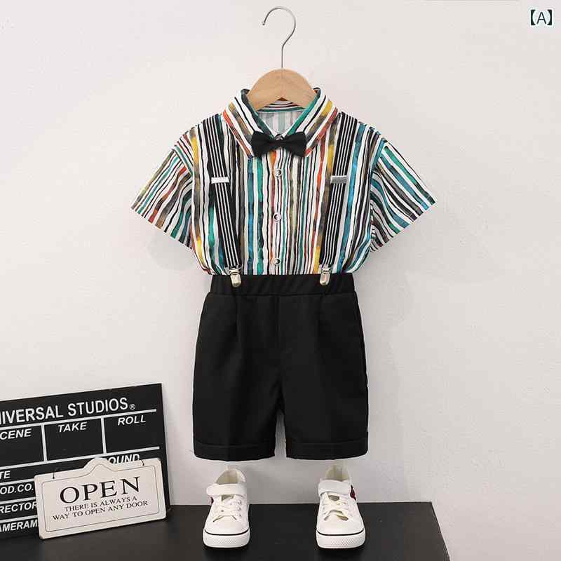 シャツ キッズ スーツ フォーマル 発表会 男の子 ボーイズ ストライプシャツ 夏 韓国 ファッション 花柄 半袖 オーバーオール カジュアル 2歳 3歳